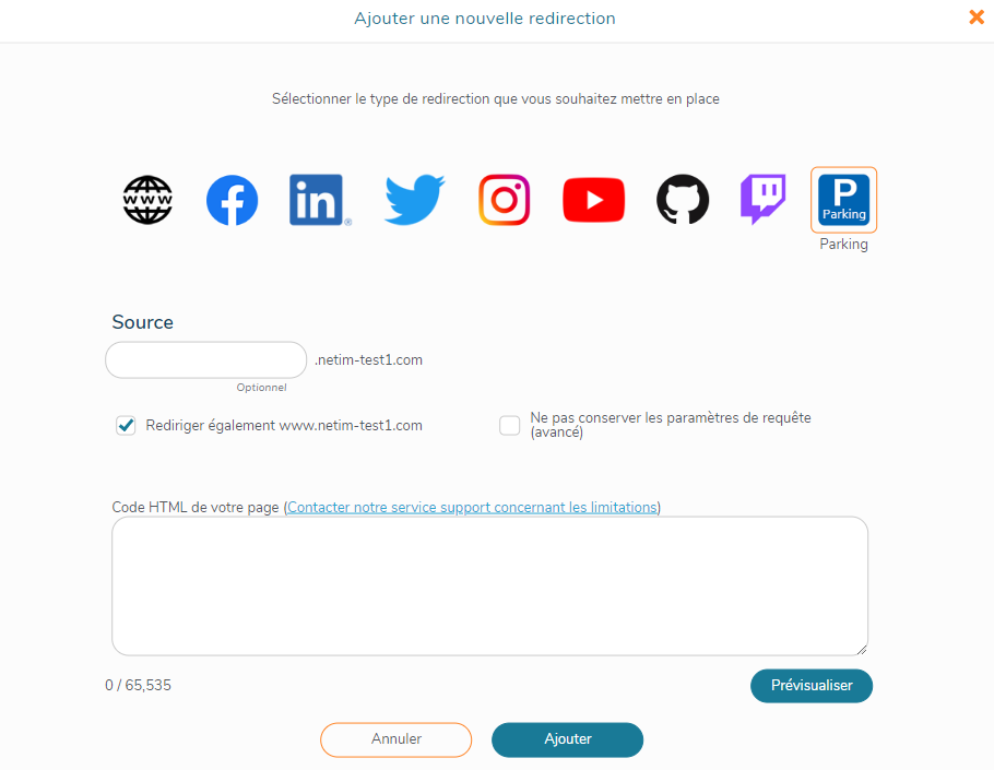 Ajouter une nouvelle redirection - Page parking