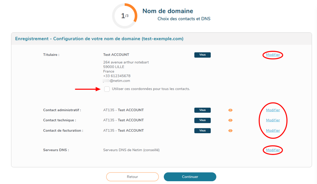 Choix des contacts et Serveurs DNS