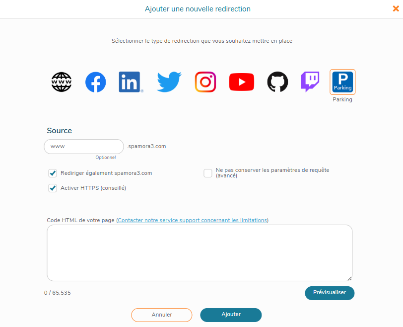 Redirection vers une page parking