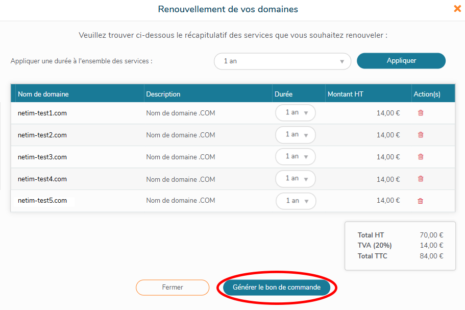 Générer le bon de commande