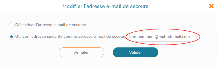 Saisissez l'e-mail de secours