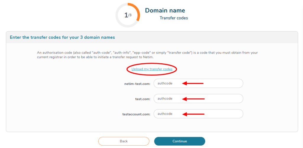 Transfer codes step