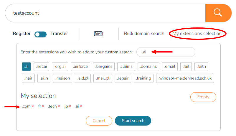 Custom search by extensions