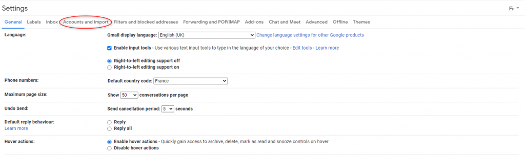 Account and import tab Gmail