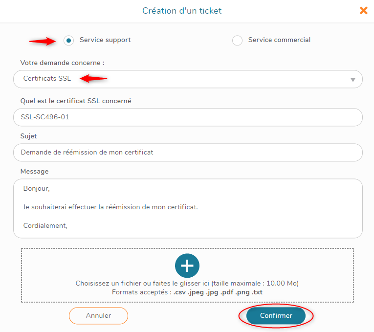 Création ticket support pour réémission d'un certificat