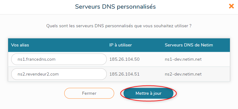 Mettre à jour les serveurs DNS personnalisés