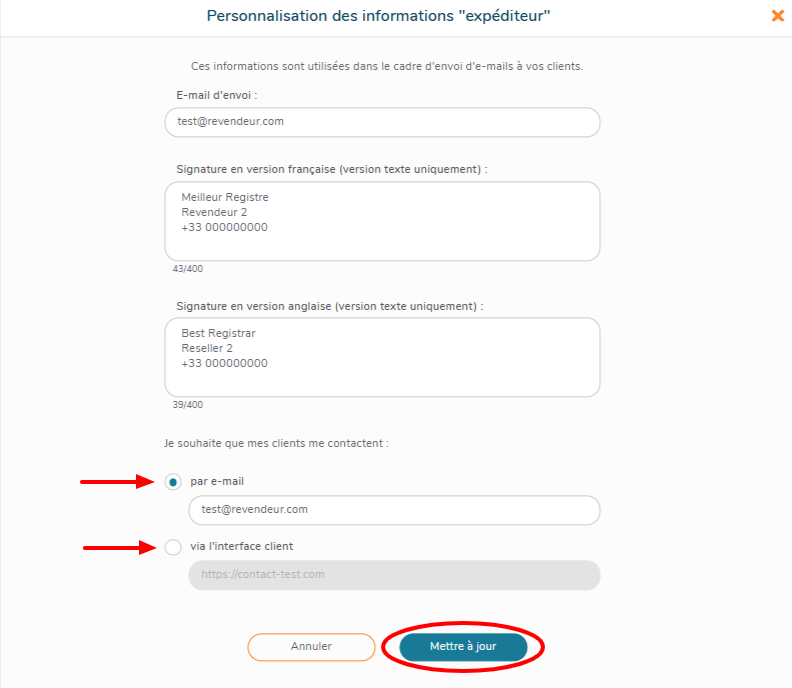 Modifier les informations expéditeur