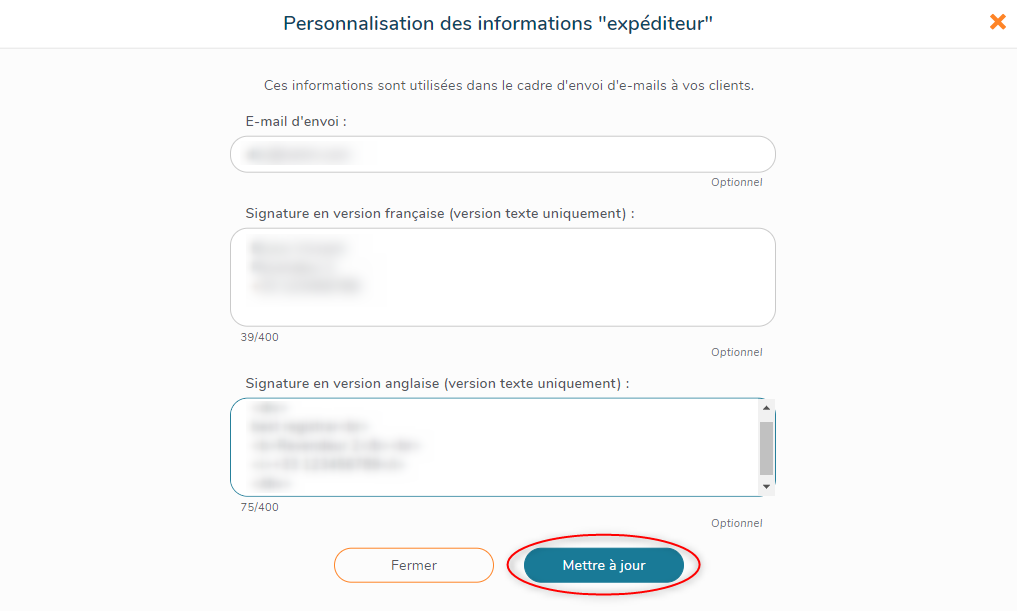 Personnalisation des informations expéditeur