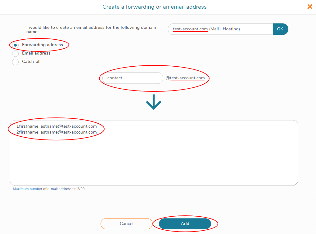 Enter the redirection email address