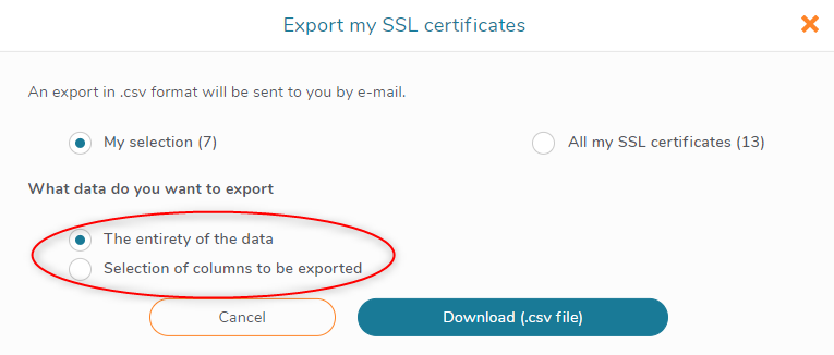 Export a selection of my SSL certificates with the entirety of the data