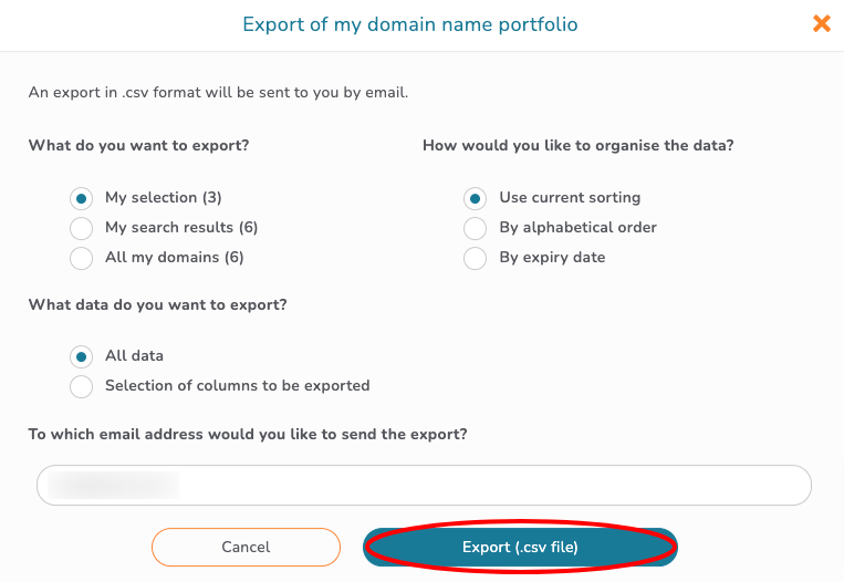 Export a selection of my domain names portfolio