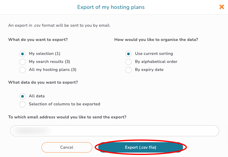 Export a selection of my hosting plans