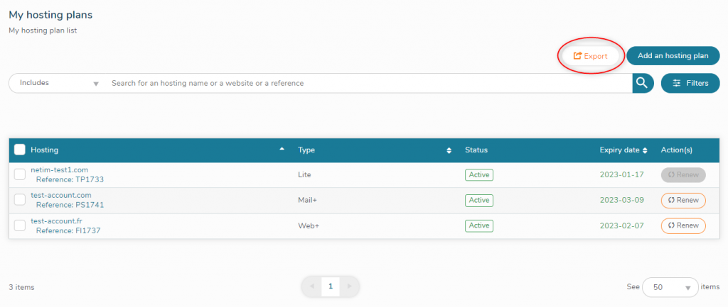 Export all my hosting plans