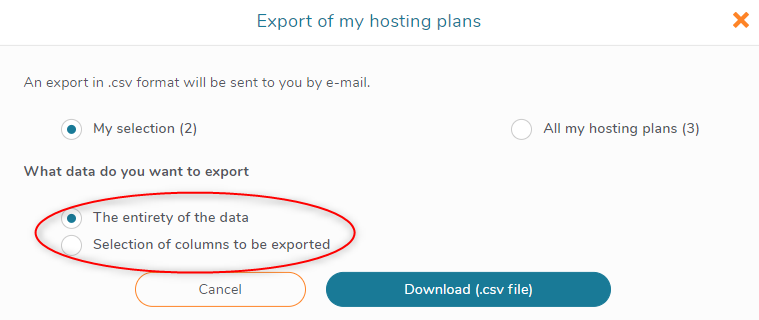 Export of a selection of my hosting plans