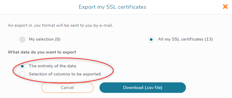 Export of the entirety of the data of my SSL certificates