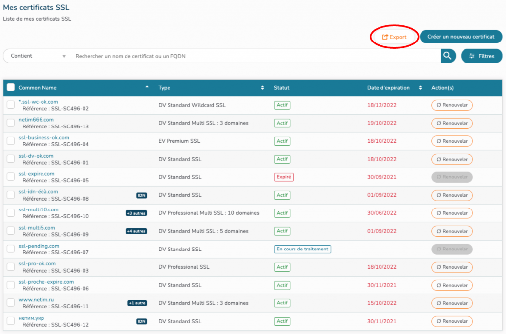 Liste de mes certificats SSL