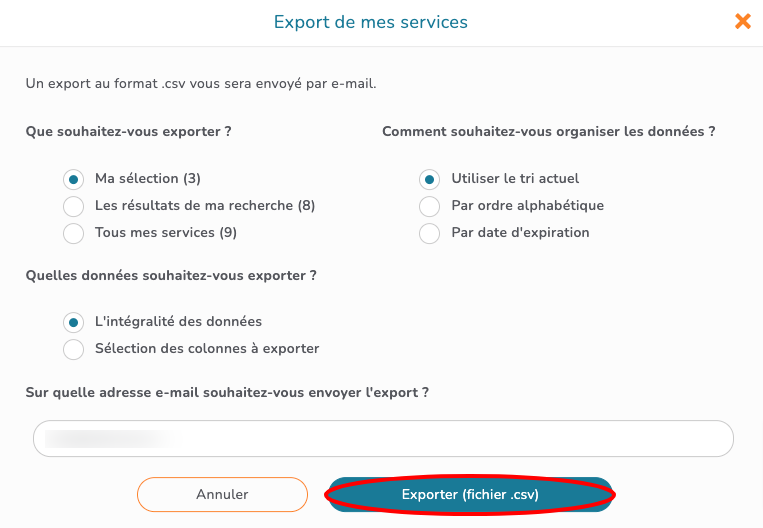 Exporter une sélection de ma liste de services