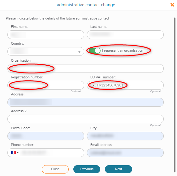 Administrative contact change