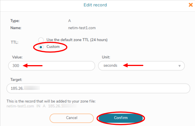 Set and confirm the new TTL for a specific record
