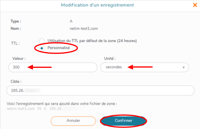 Confirmer la modification du TTL pour un enregistrement