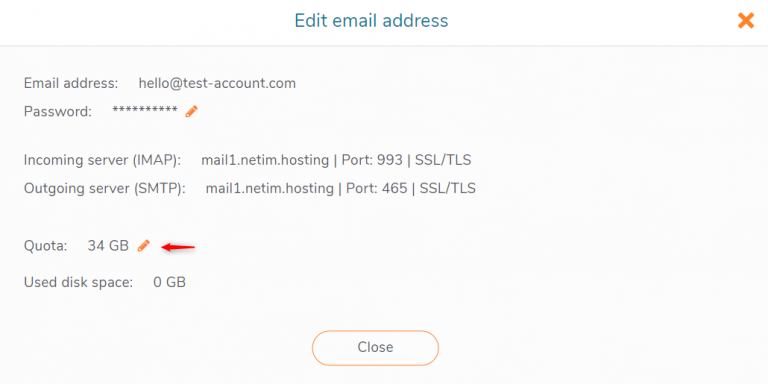 Change storage space quota of an email address