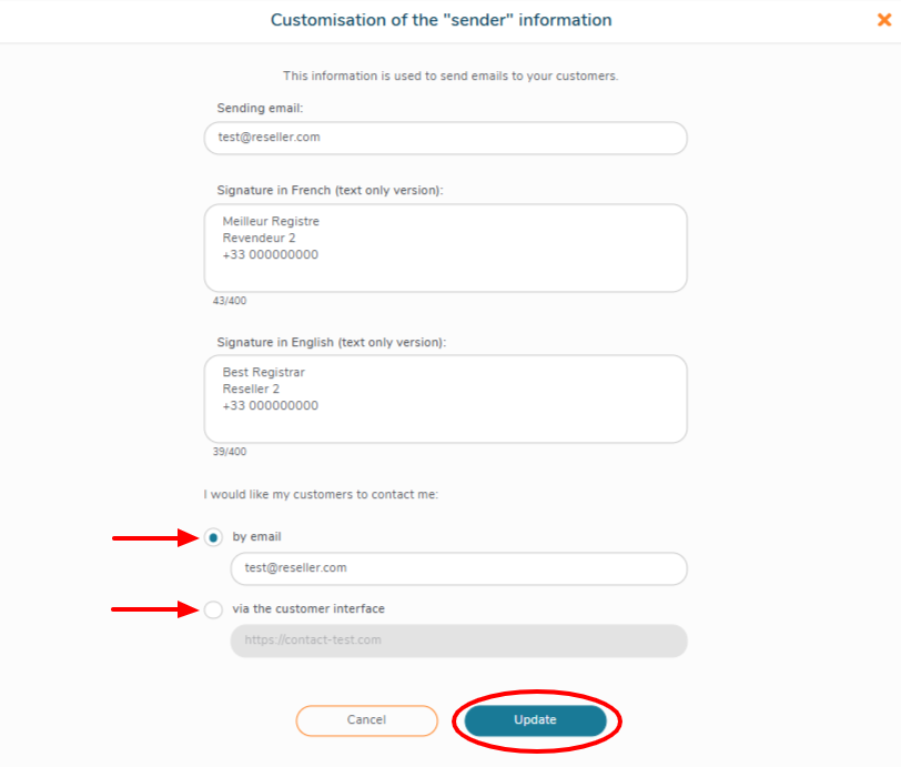 Customisation of the sender information