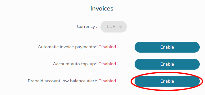 Enable prepaid account low balance alert