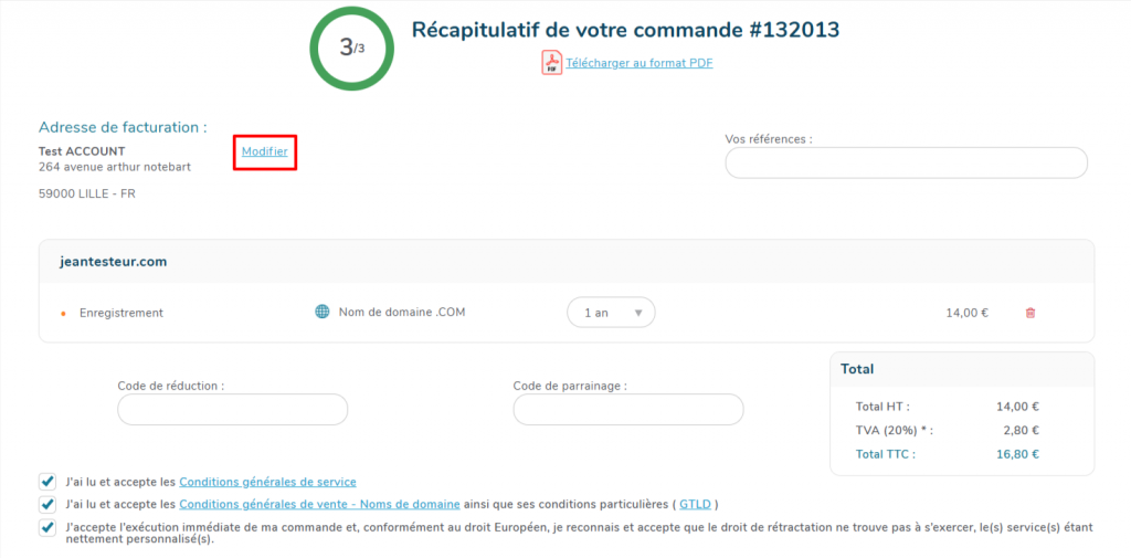 Commande - Modifier l'adresse de facturation
