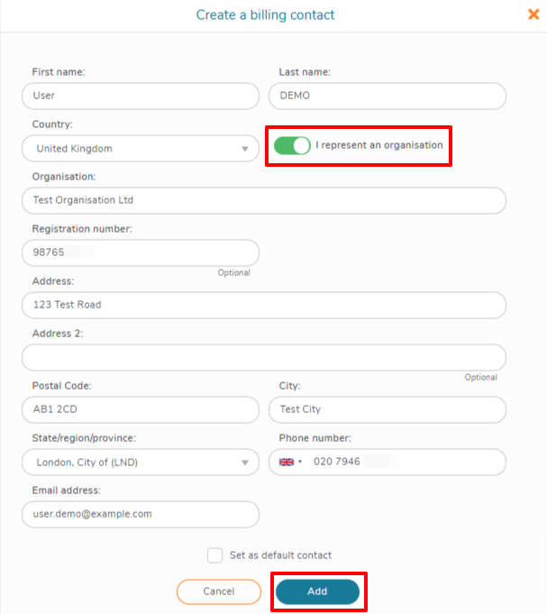 Enter the new billing contact details