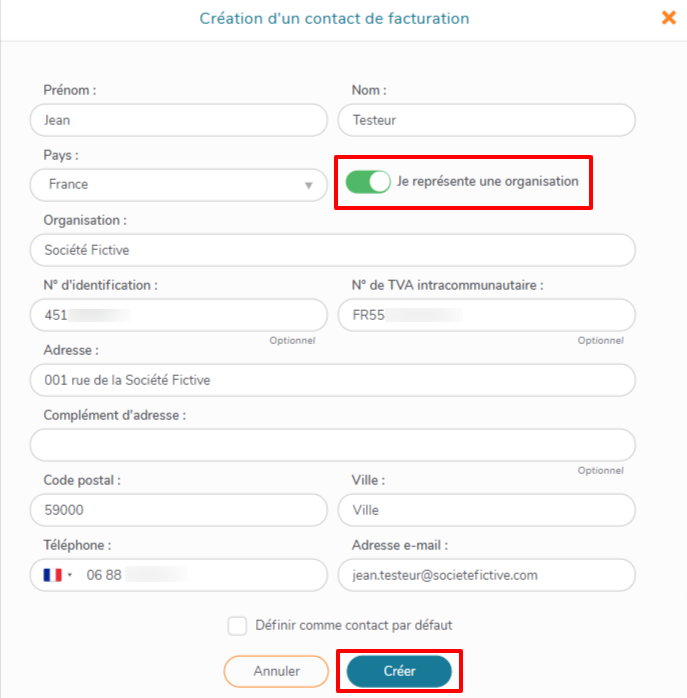 Entrez les données du nouveau contact de facturation