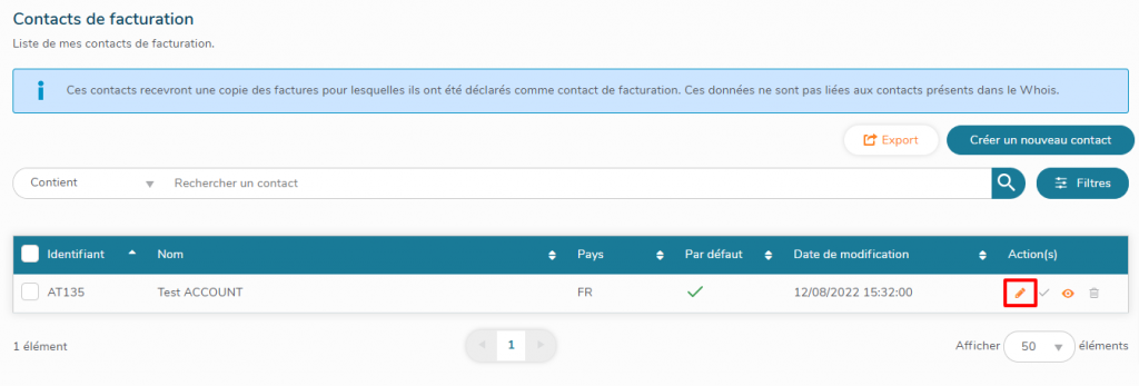 Modifier le contact de facturation par défaut