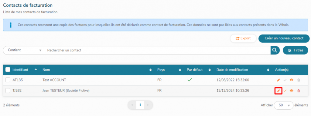 Modifier votre nouveau contact de facturation