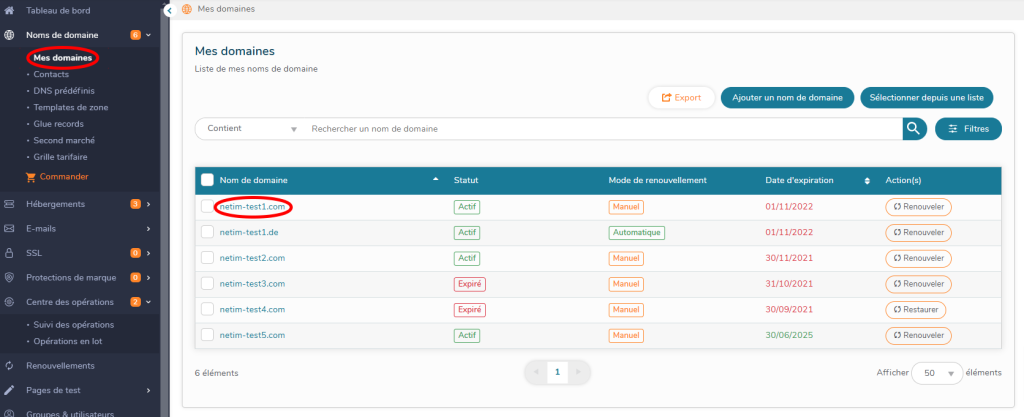 Liste de mes domaines