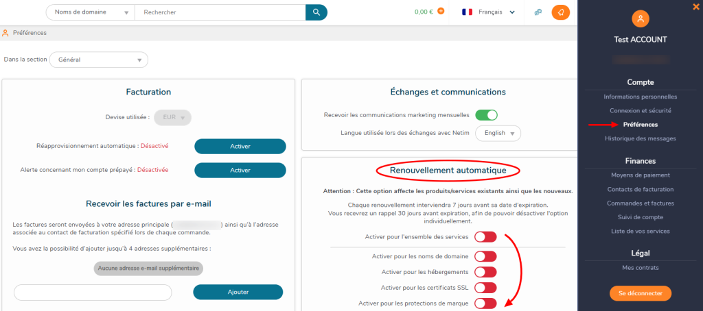 Préférences du compte