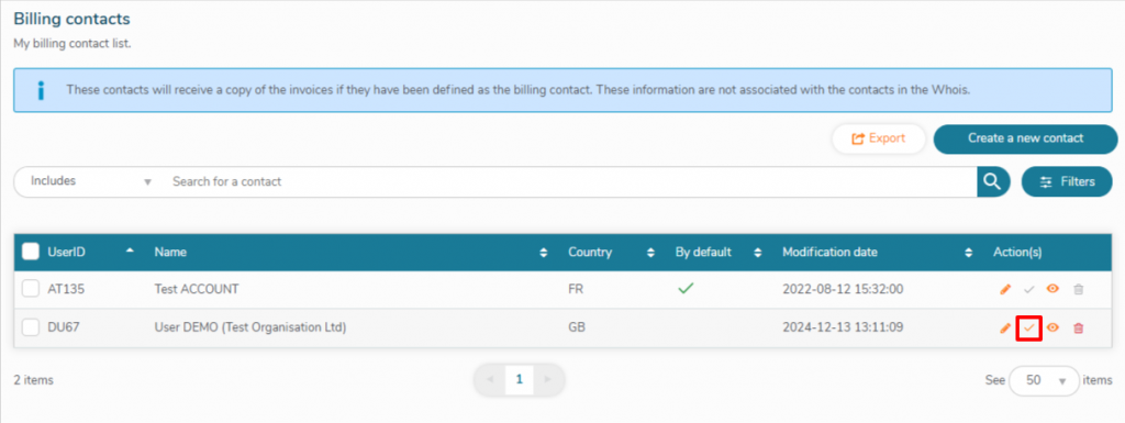 Set your new billing contact as the default billing address